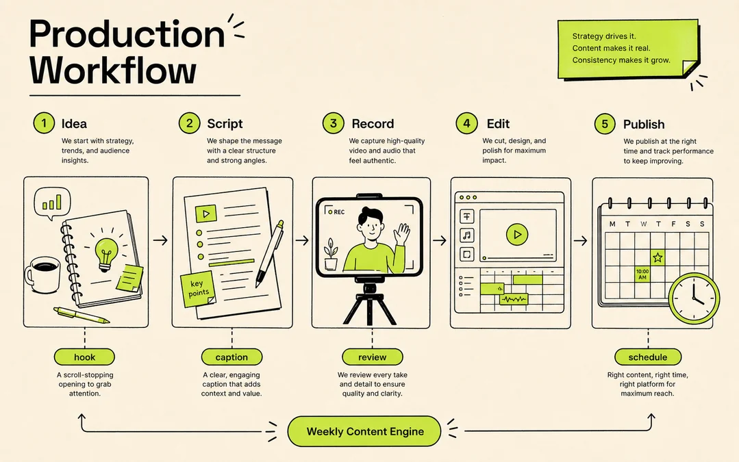 Content production workflow in beige, black, and neon lime